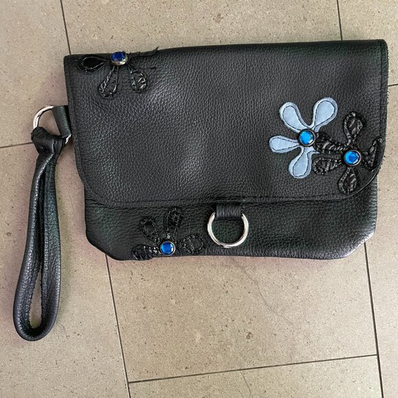 Navy Blue Leather Purse/Clutch with Flower Appliques and  Handle - Picture 1 of 8